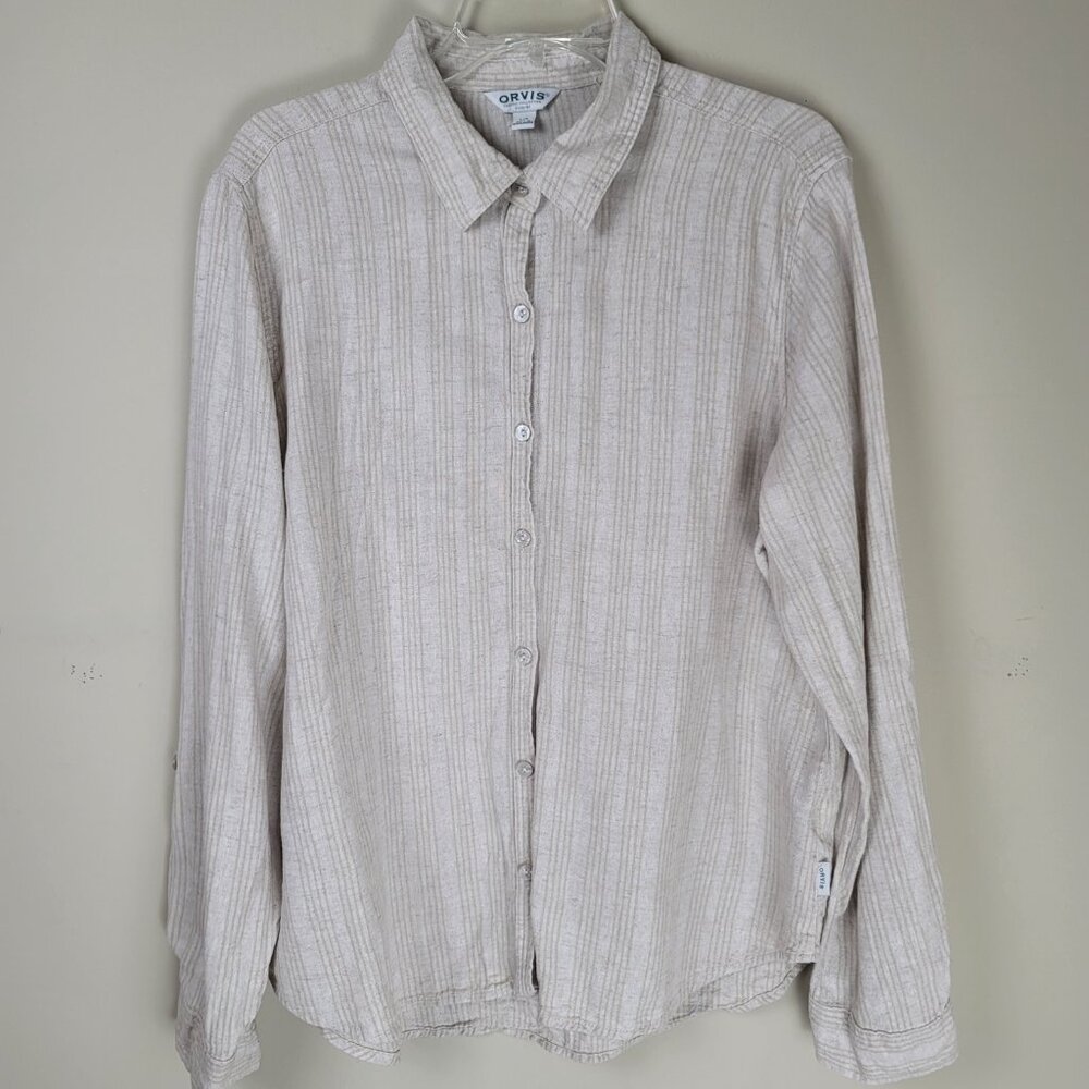 Orvis Women Linen Blend Button Down Shirt large Beige Striped Lightweight Top - Picture 6 of 9